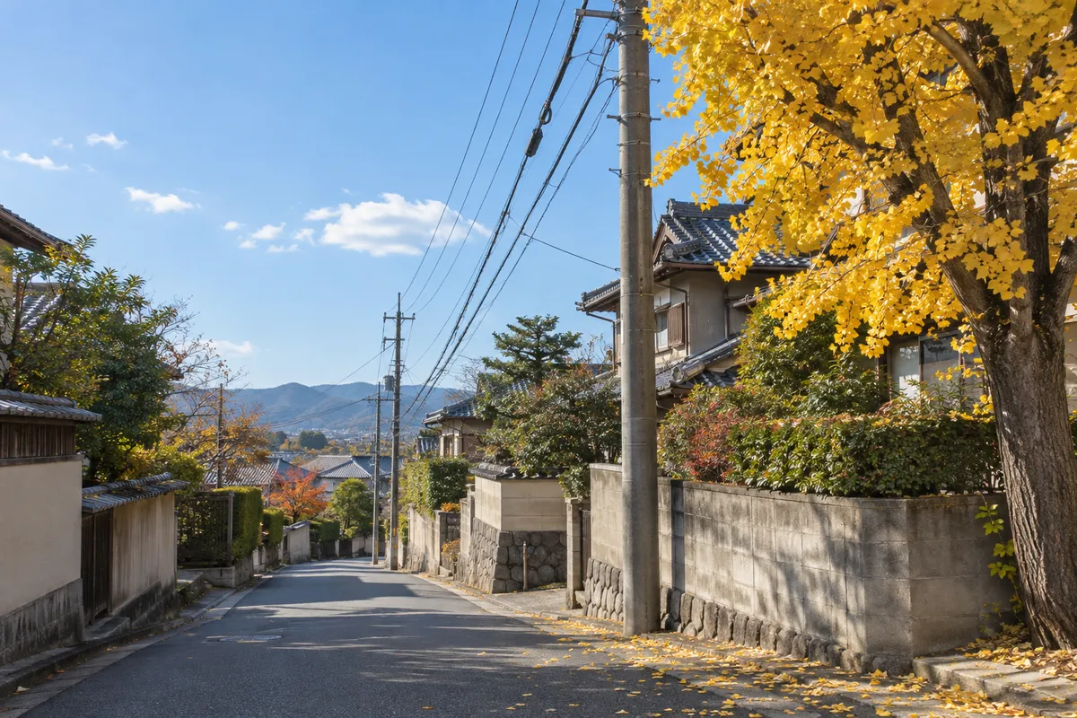 秋の青空に伸びる電柱と電線と銀杏