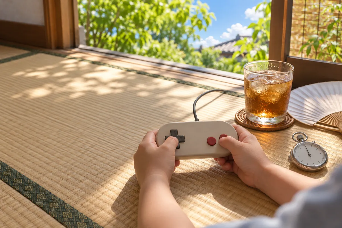畳の上でコントローラーのボタンを押す手元