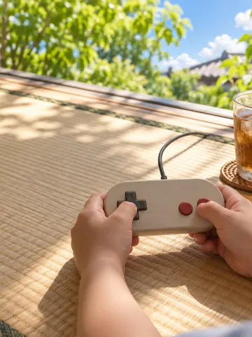 畳の上でコントローラーのボタンを押す手元