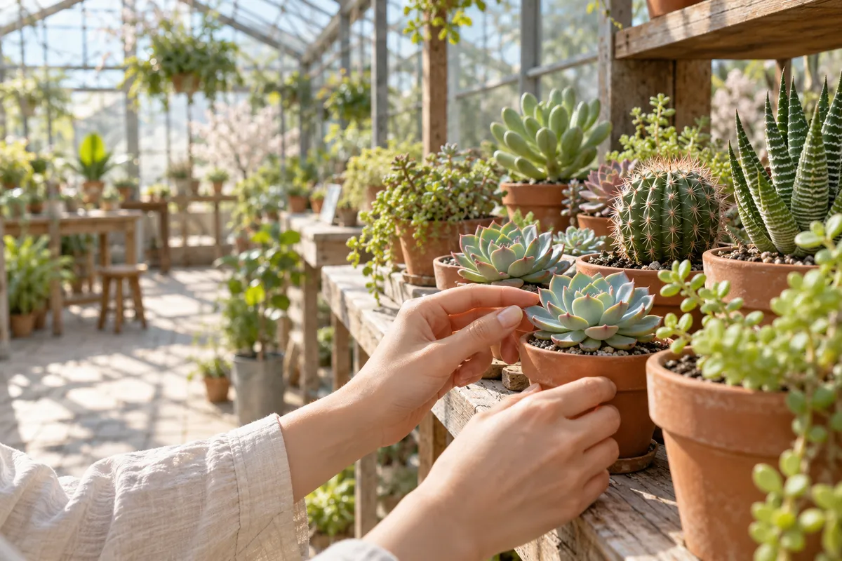 温室の棚に並ぶ多肉植物の小さな鉢と手元