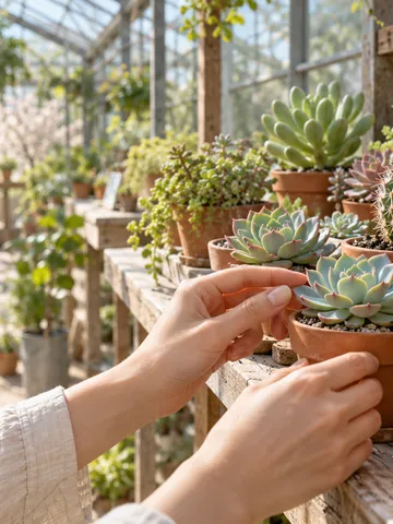 温室の棚に並ぶ多肉植物の小さな鉢と手元