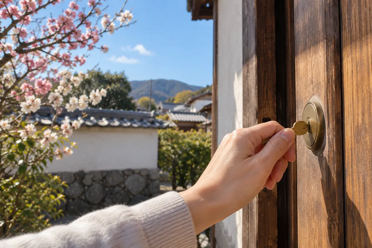 梅の咲く家の玄関で鍵を持つ手元