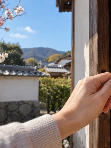 梅の咲く家の玄関で鍵を持つ手元