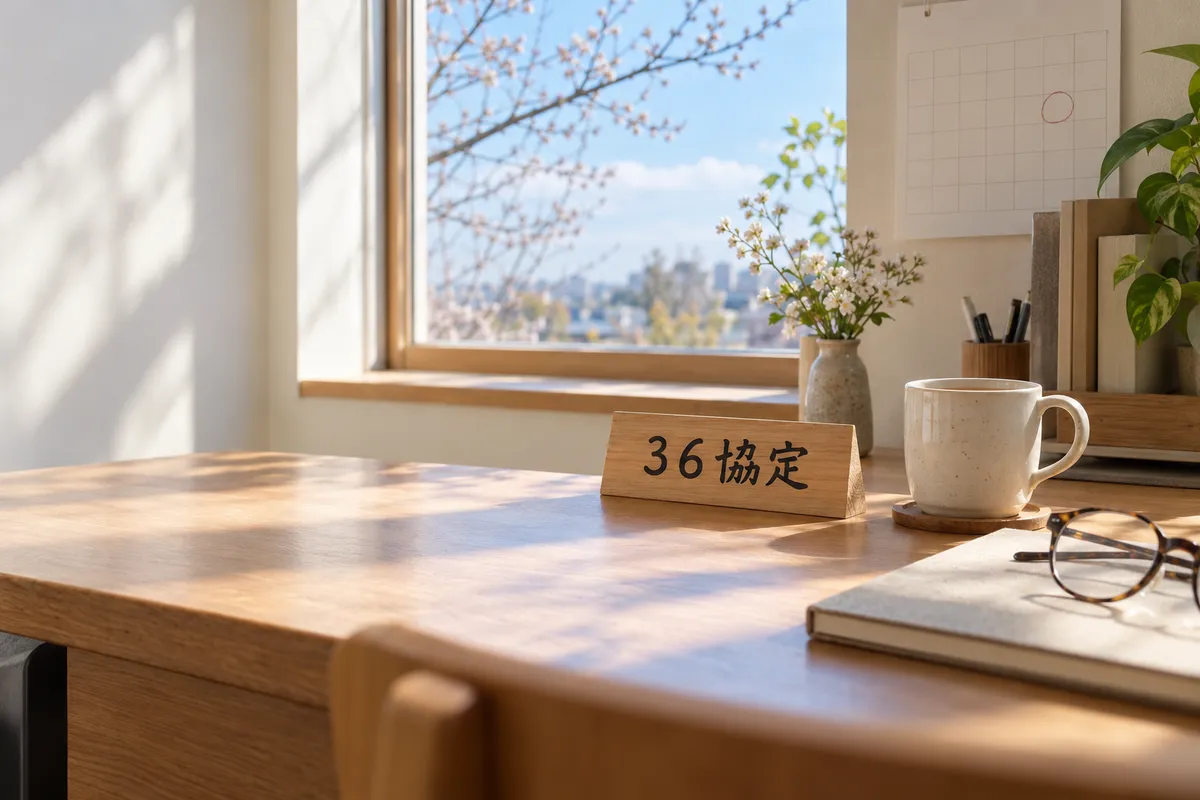 「36協定」と書かれた木の札と机上のカレンダー