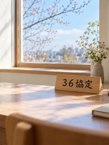 「36協定」と書かれた木の札と机上のカレンダー
