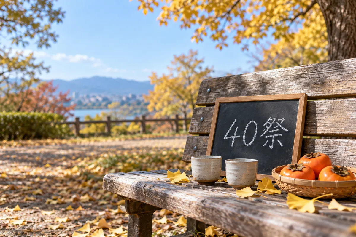 「40祭」と書かれた黒板と柿、秋のベンチ