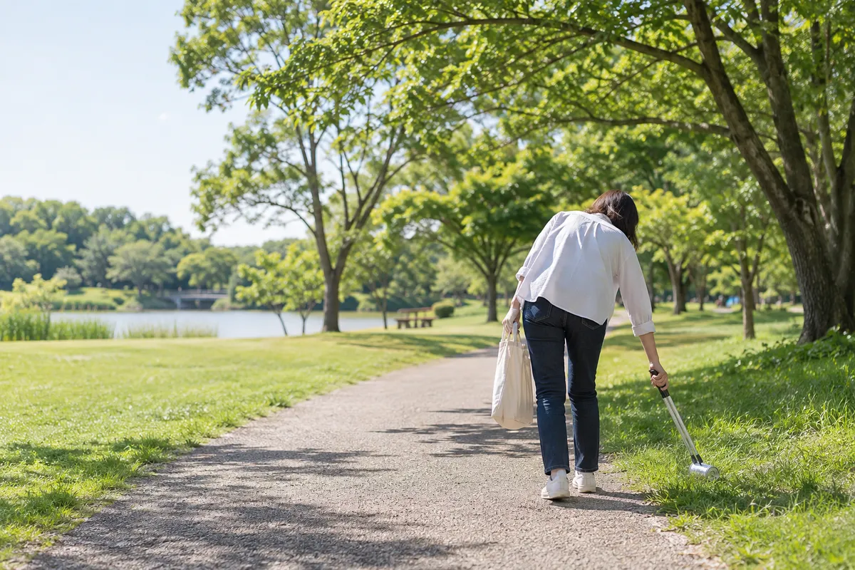 公園で小さな袋を手にゴミを拾う後ろ姿