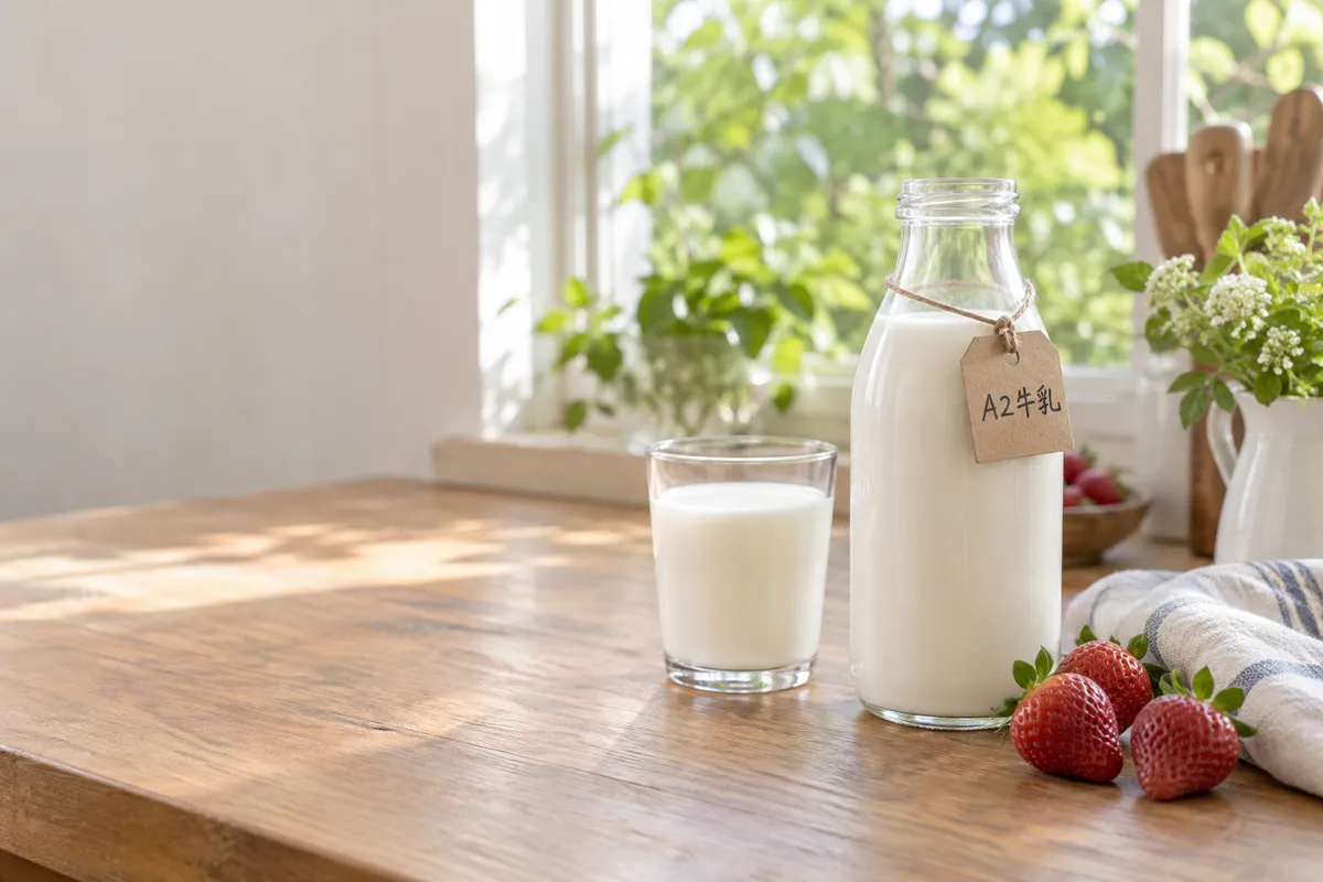 A2牛乳と書かれた札付きの瓶と牛乳のグラス