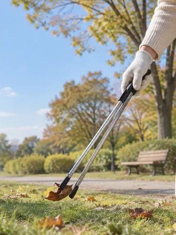 晴れた公園でごみ拾いをする手元と道具