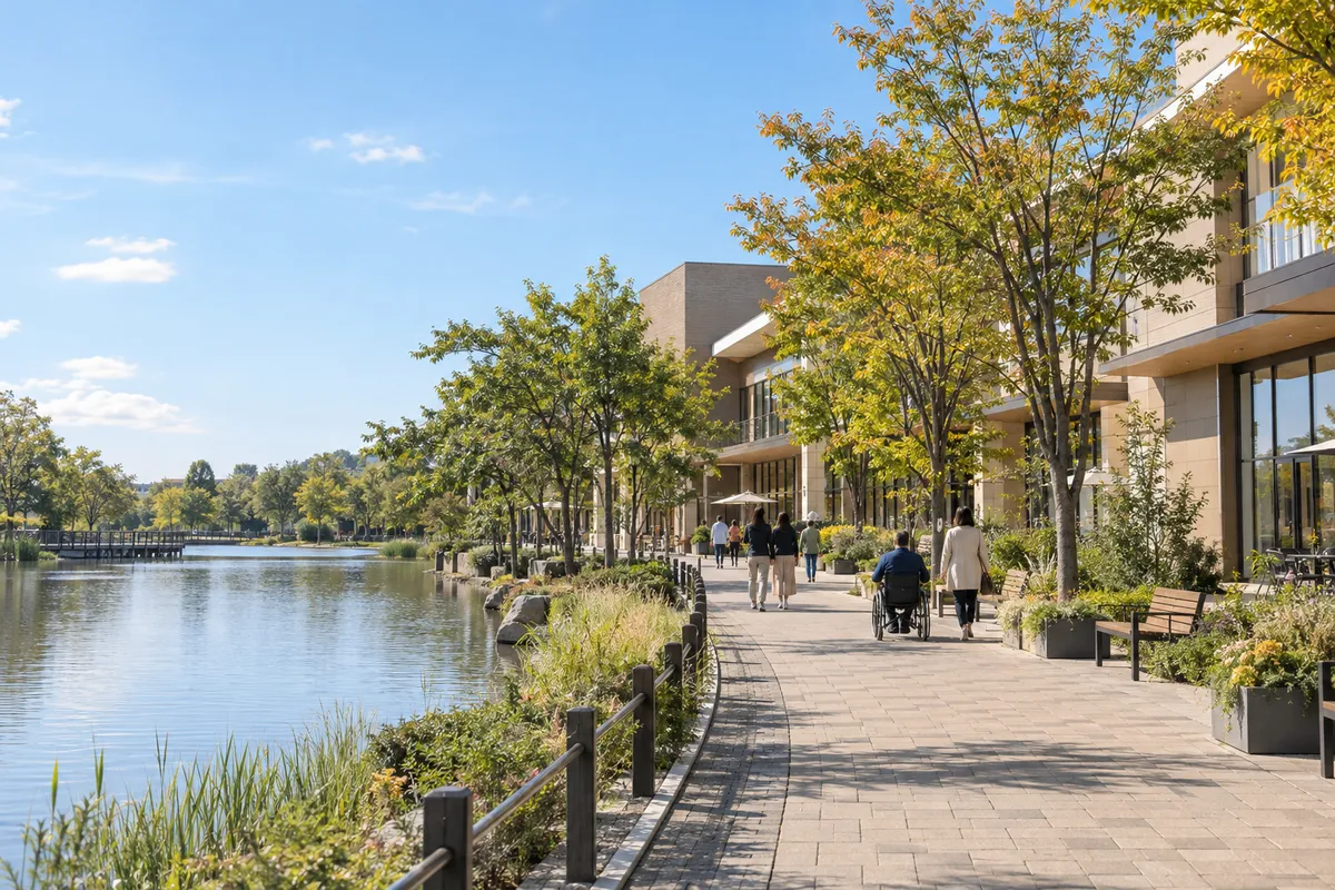 池のほとりの広い遊歩道を歩く人々の後ろ姿