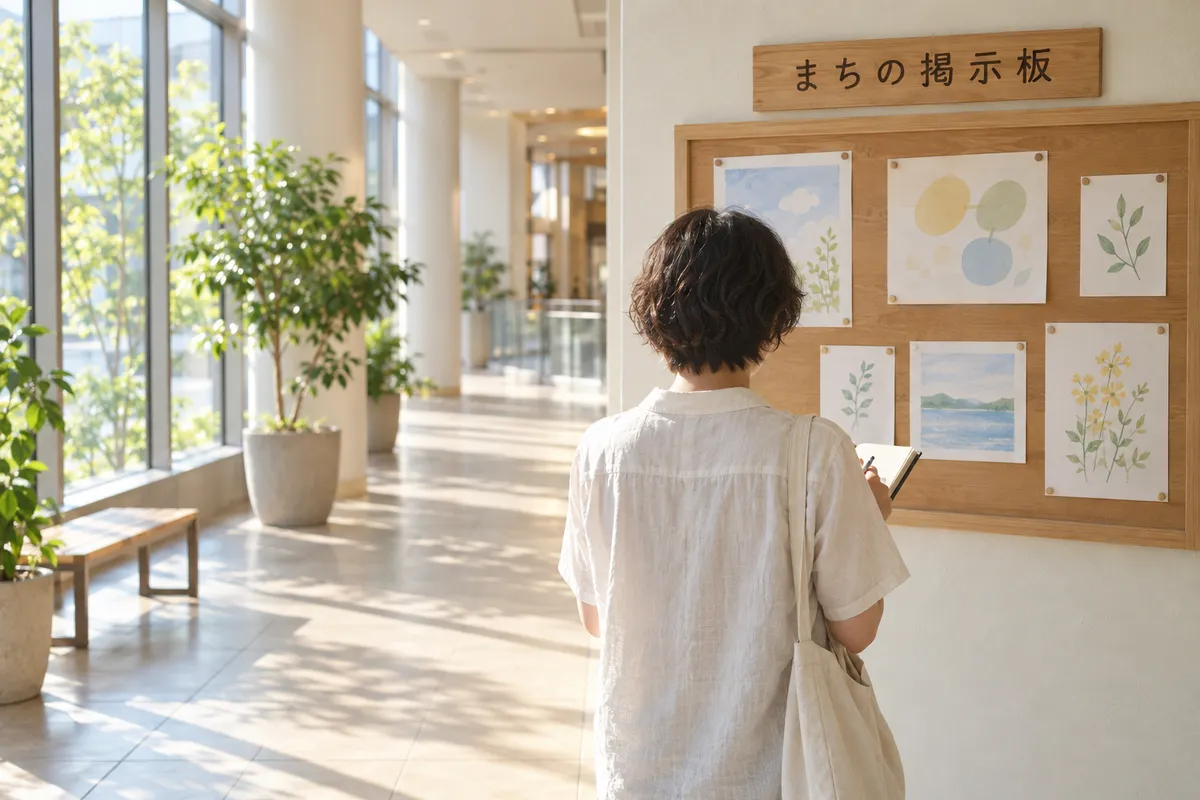 ショッピングセンター内の地域の掲示板と手帳を持つ後ろ姿