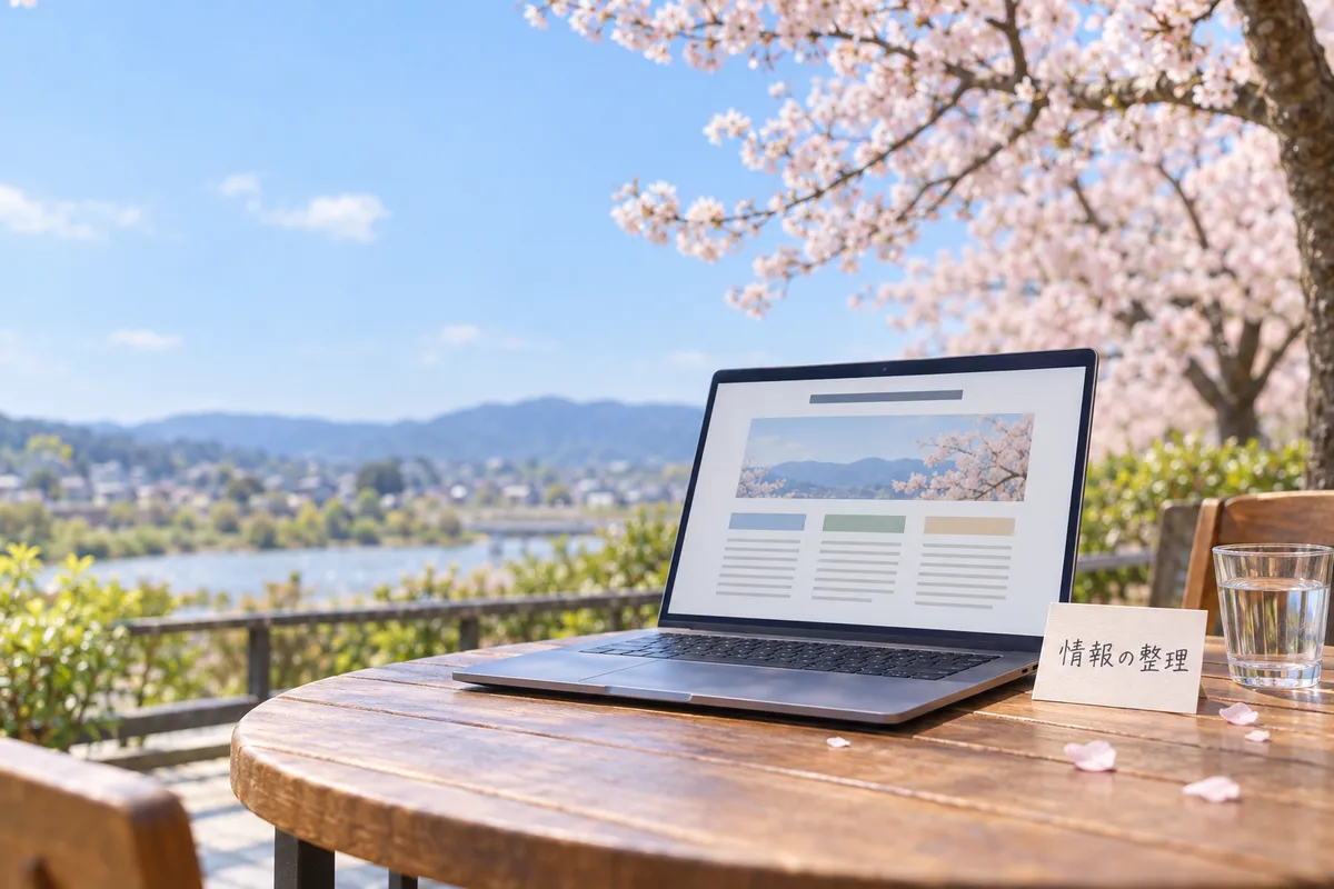 桜の下のテラス席にあるノートPCと「情報の整理」のメモ