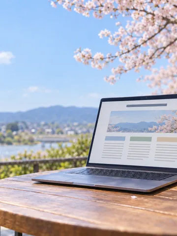 桜の下のテラス席にあるノートPCと「情報の整理」のメモ