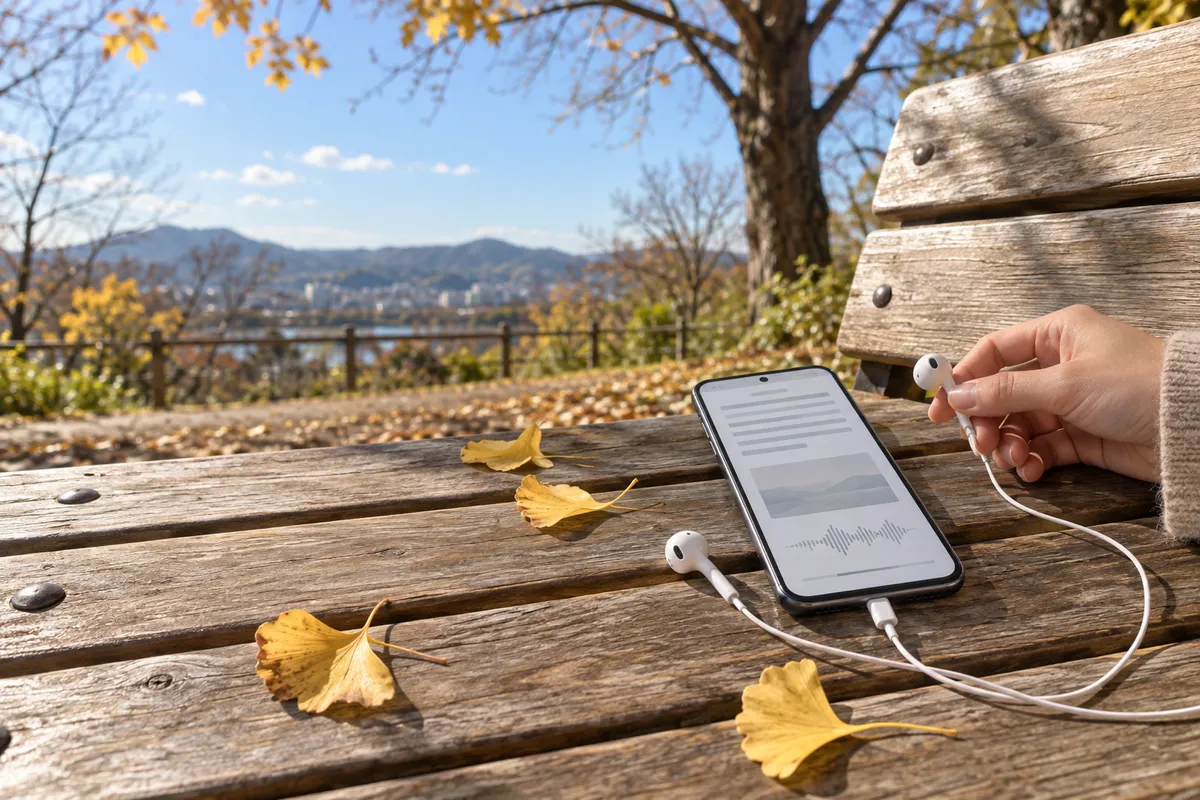 日なたのベンチに置かれたスマホとイヤホン