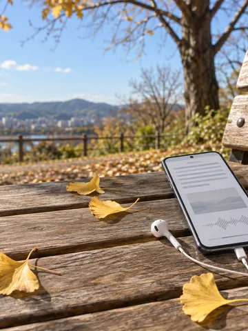 日なたのベンチに置かれたスマホとイヤホン