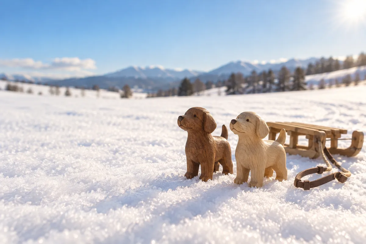 晴れた雪原に並ぶ二匹の犬の木像とそり