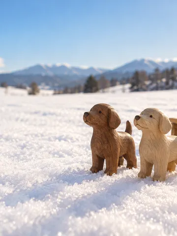 晴れた雪原に並ぶ二匹の犬の木像とそり