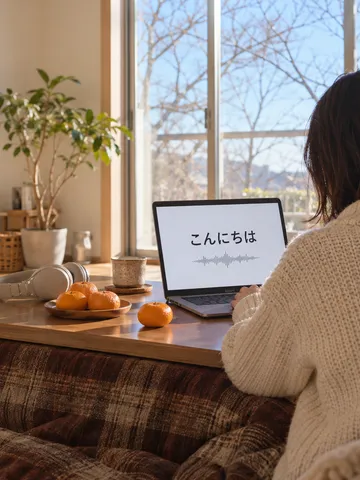 こたつの上のノートPCとヘッドホン、みかん