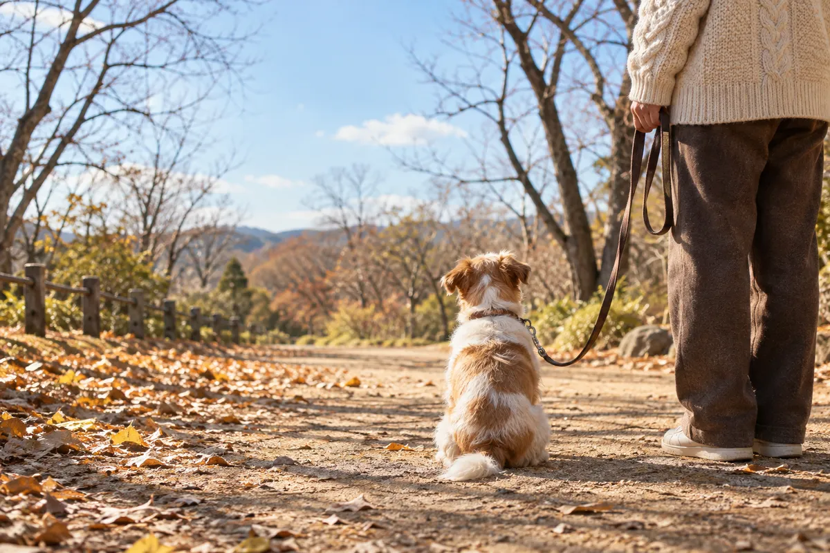 冬の晴れた散歩道に座る犬と飼い主の後ろ姿
