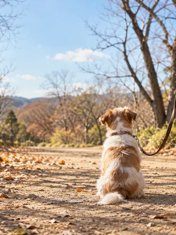 冬の晴れた散歩道に座る犬と飼い主の後ろ姿