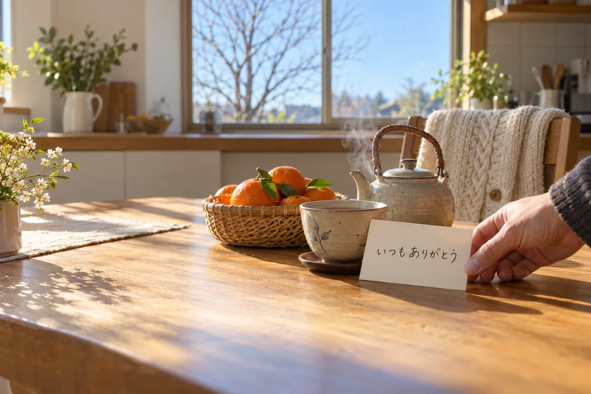 食卓に置かれた感謝のメモとみかん、湯気の立つお茶