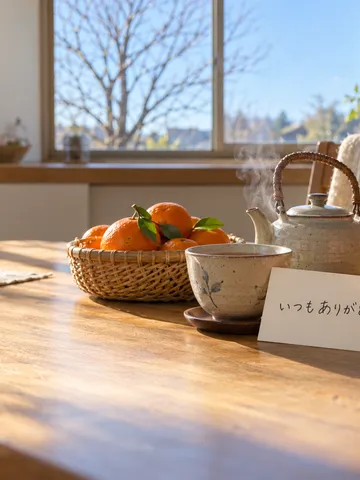 食卓に置かれた感謝のメモとみかん、湯気の立つお茶