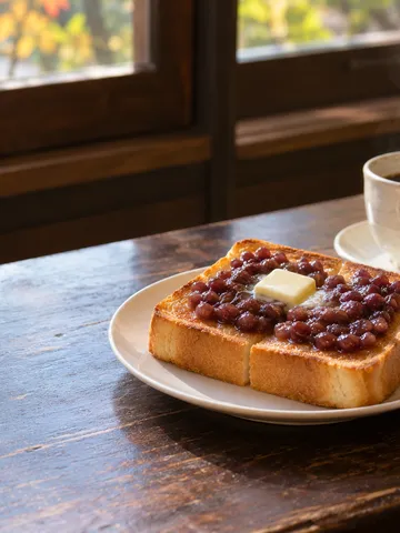 喫茶店のカウンターに置かれた小倉トーストとコーヒー