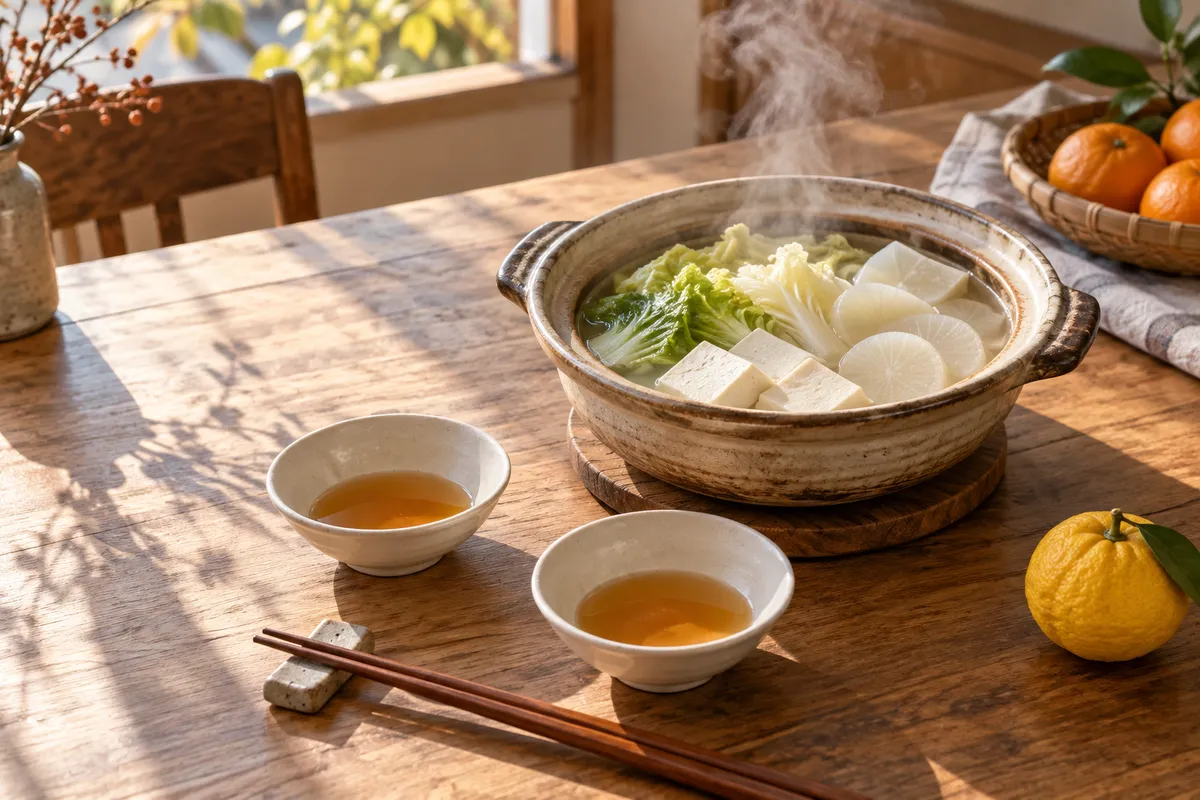 鍋と柑橘だれの小鉢が並ぶ昼の食卓