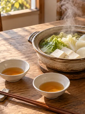 鍋と柑橘だれの小鉢が並ぶ昼の食卓