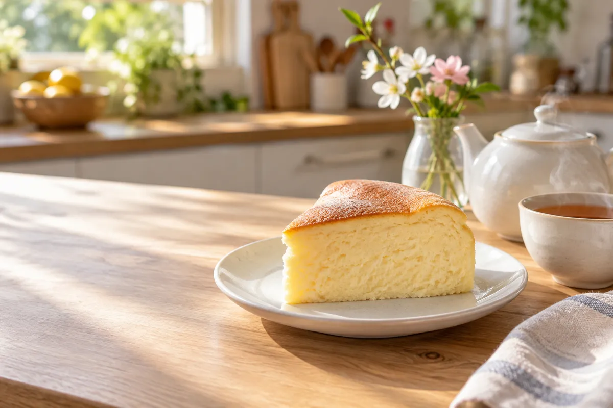 チーズケーキと紅茶が並ぶ昼の台所