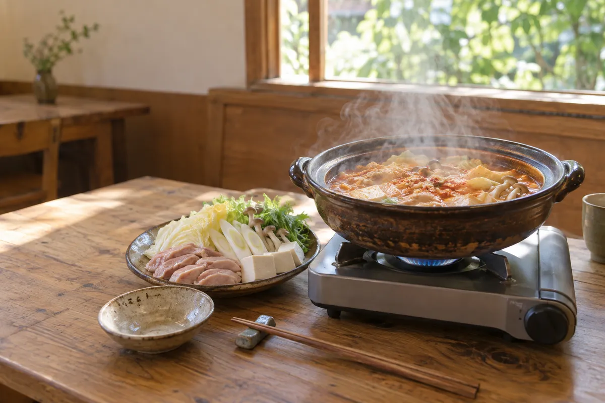 赤い味噌スープの鍋と具材が並ぶ食卓