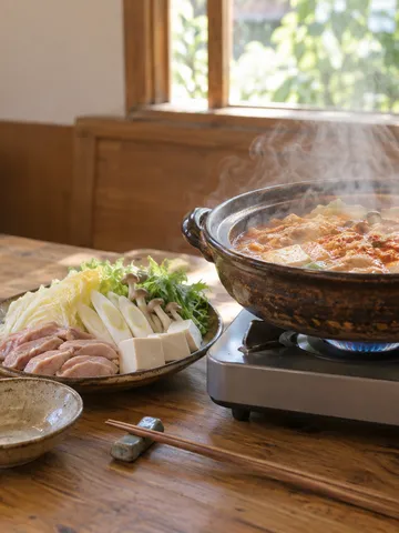 赤い味噌スープの鍋と具材が並ぶ食卓
