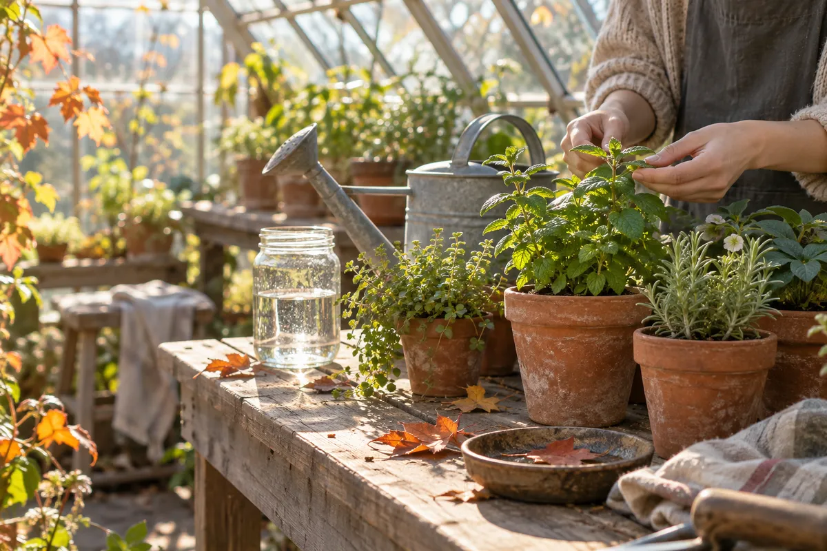 温室の作業台に並ぶ鉢植えと水の入ったガラス瓶