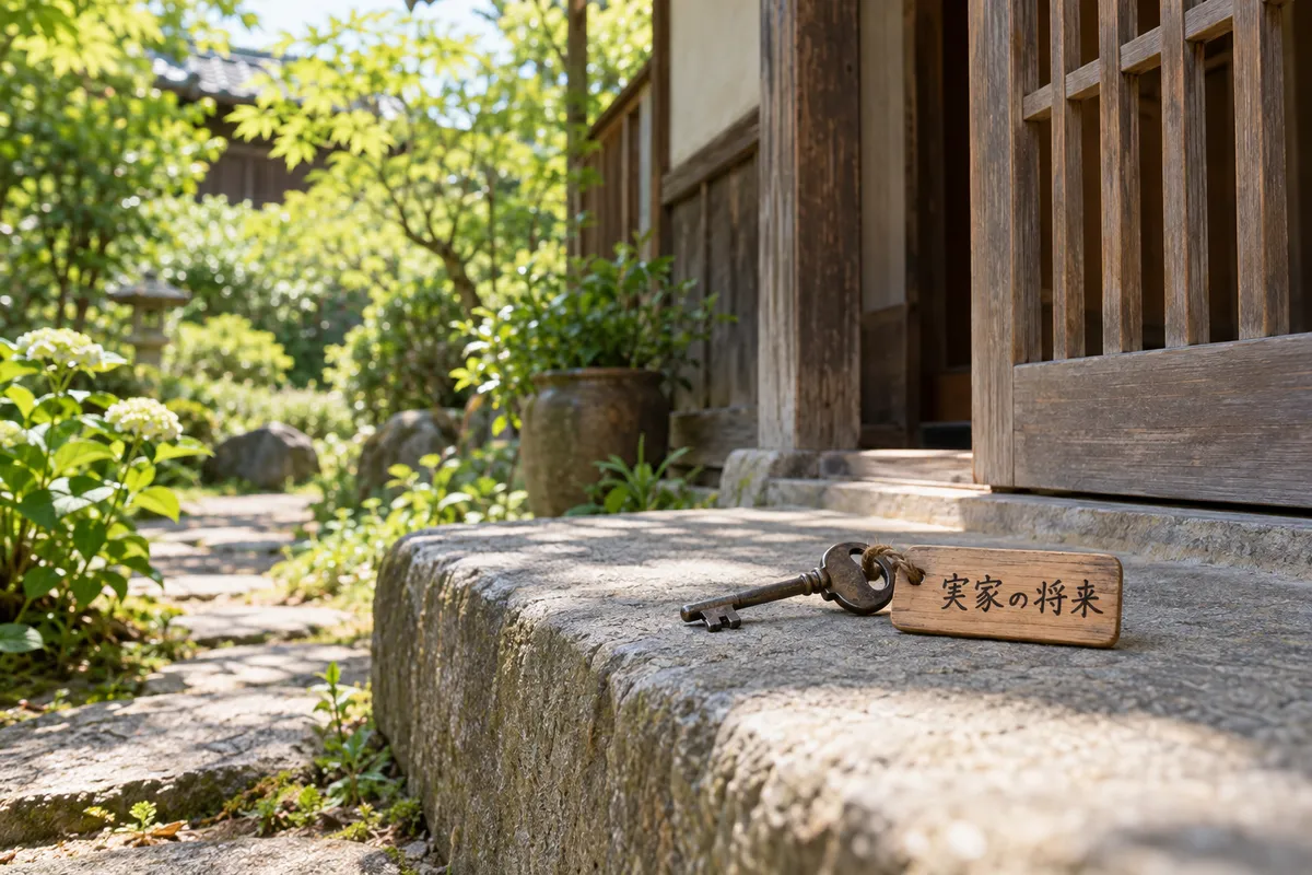 古い家の玄関先に置かれた「実家の将来」の札付き鍵
