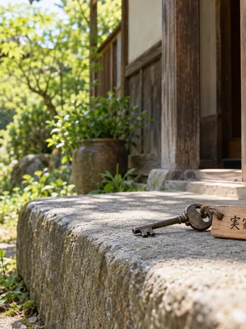 古い家の玄関先に置かれた「実家の将来」の札付き鍵