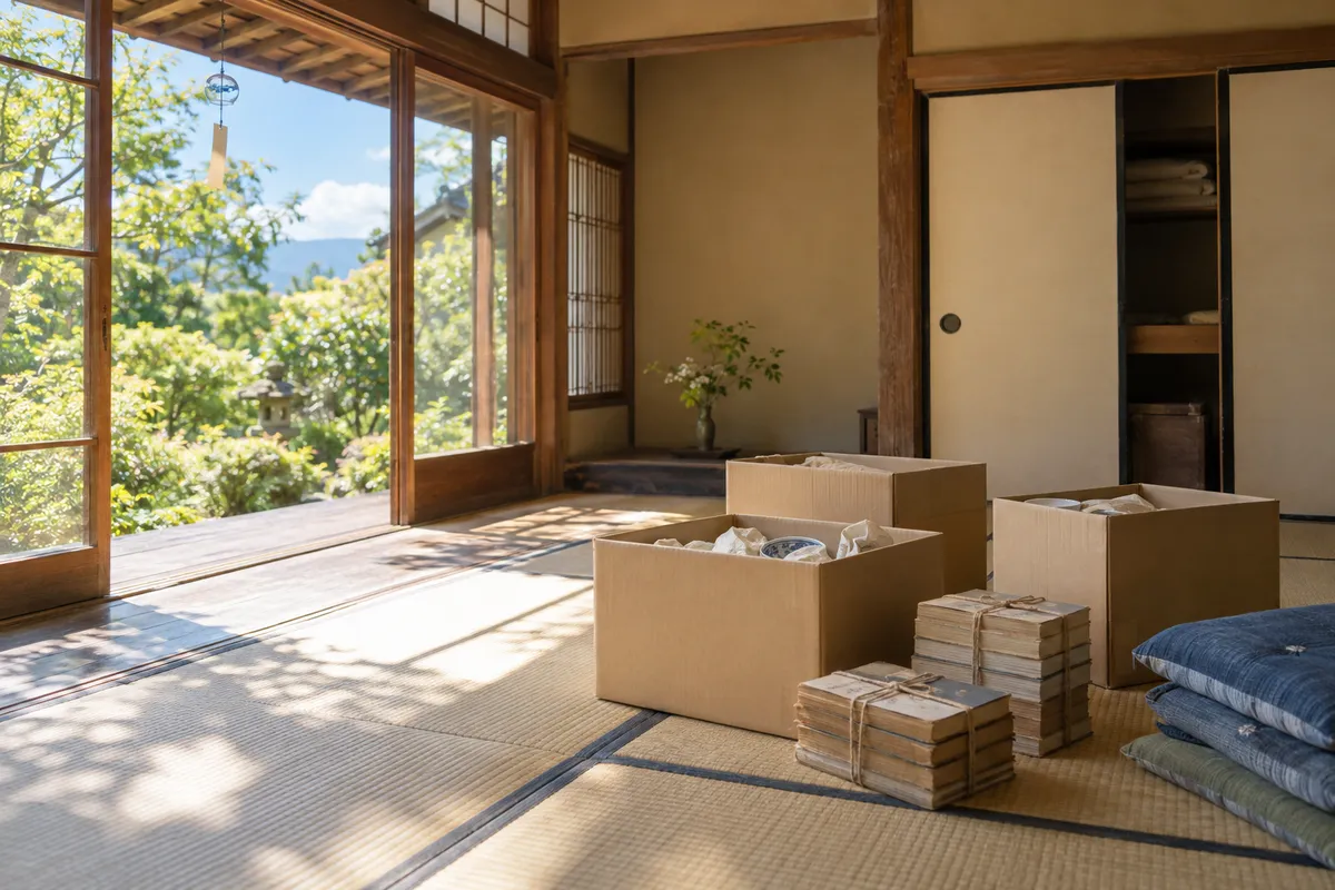 日差しの入る和室で家財を箱にまとめている様子