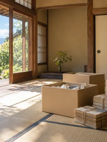 日差しの入る和室で家財を箱にまとめている様子