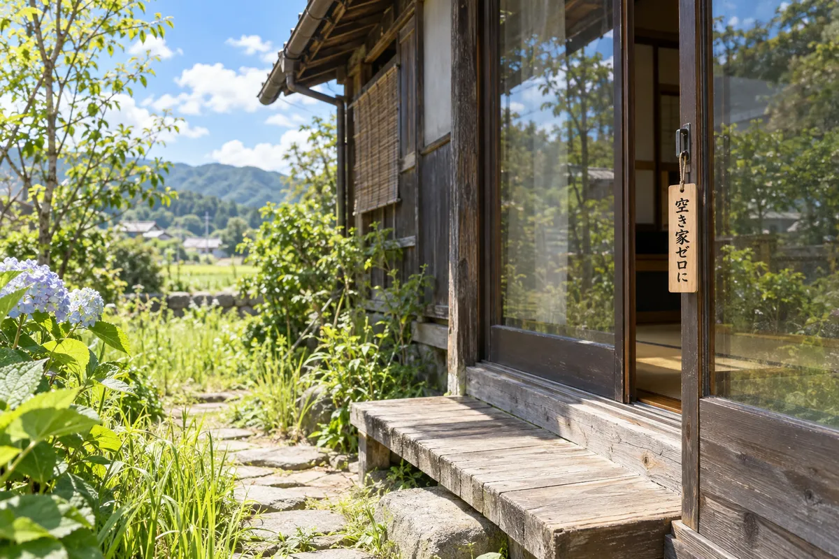 夏の日差しの古い木造家屋と「空き家ゼロに」の木札