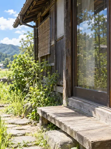 夏の日差しの古い木造家屋と「空き家ゼロに」の木札