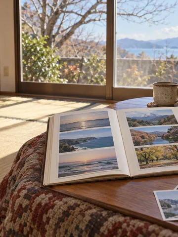 こたつの上で写真を整理しアルバムに書き添える手元