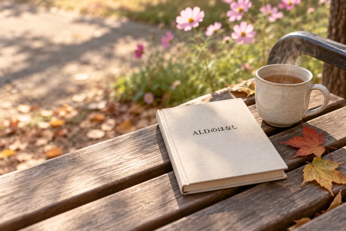 ベンチに置かれた「ALDのはなし」の本と温かいお茶