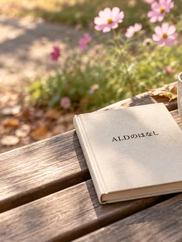 ベンチに置かれた「ALDのはなし」の本と温かいお茶