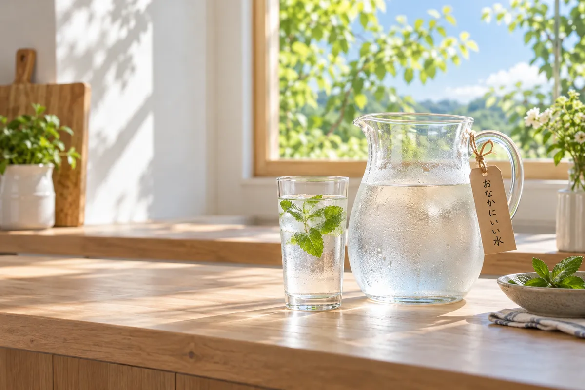 「おなかにいい水」の札を付けた水差しとグラス
