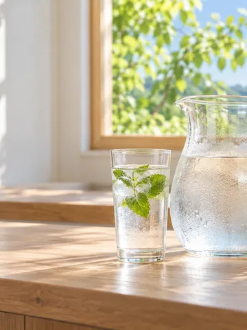 「おなかにいい水」の札を付けた水差しとグラス