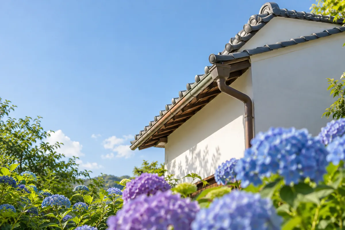 青空の下、軒先と雨どい、手前に咲く紫陽花