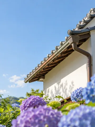 青空の下、軒先と雨どい、手前に咲く紫陽花
