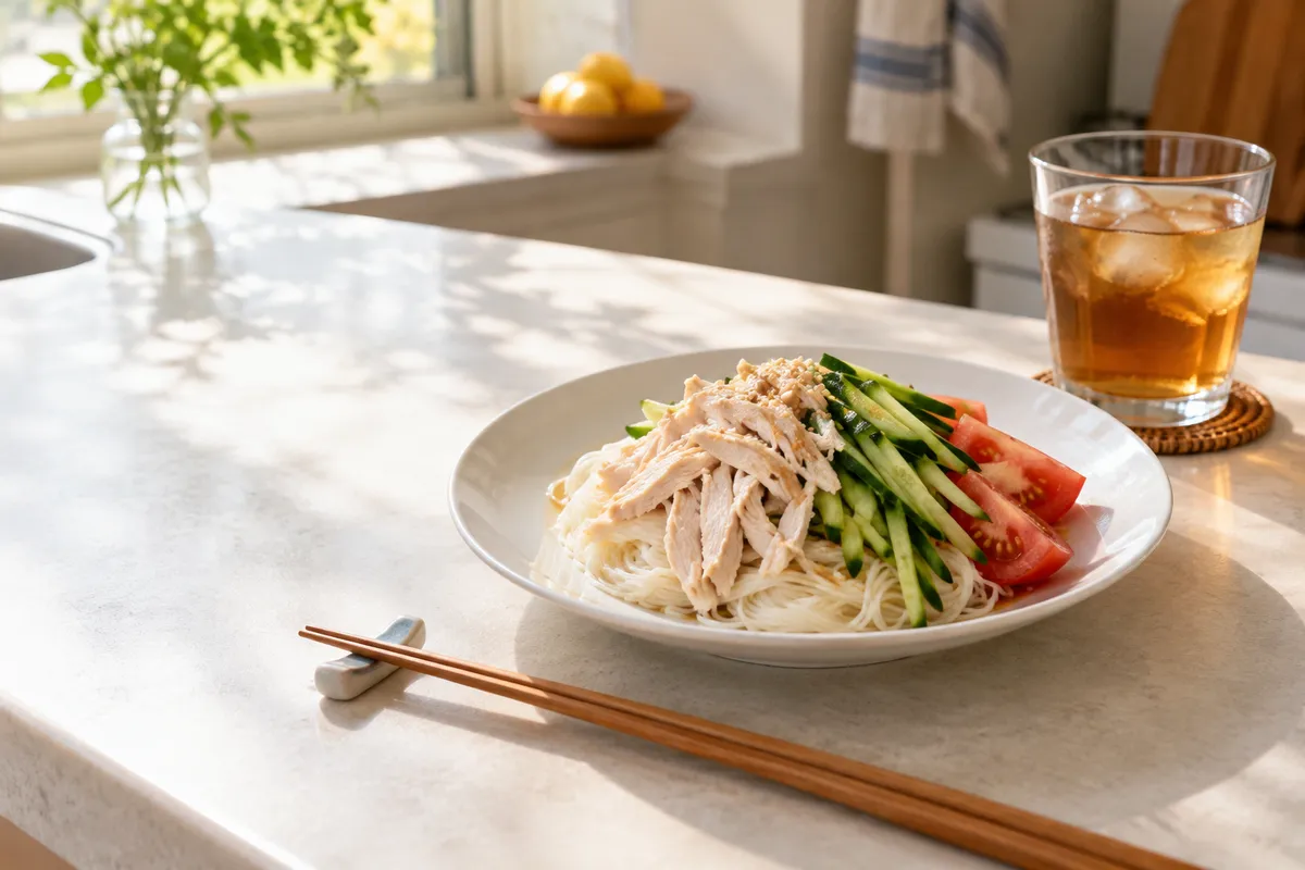 ほぐした鶏むね肉をのせた冷たい麺の昼食
