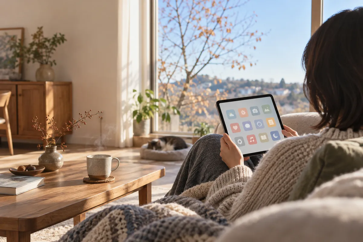 日なたのソファでタブレットのアプリ一覧を見る手元