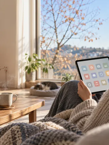日なたのソファでタブレットのアプリ一覧を見る手元