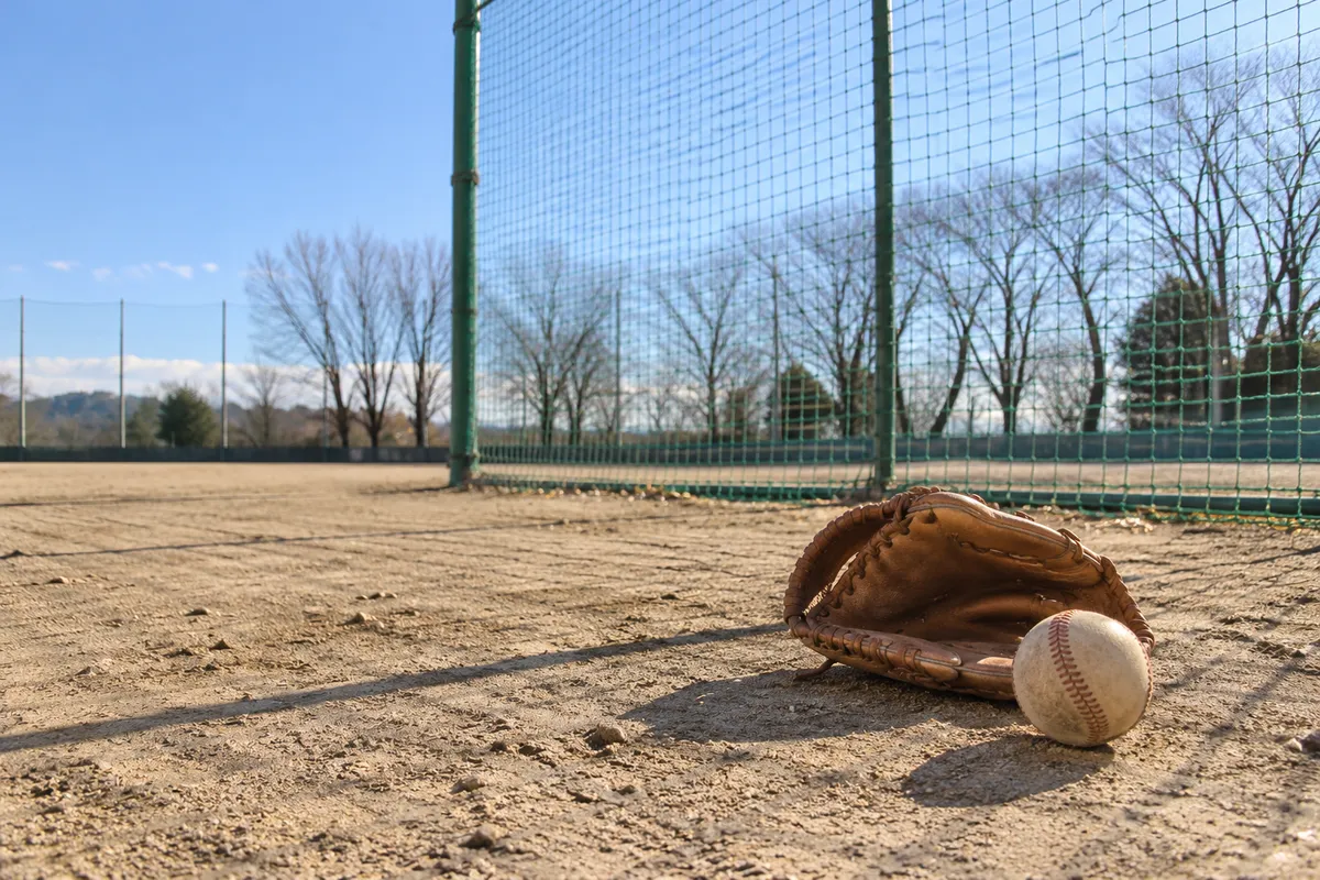 冬の晴れた校庭に張られた防球ネットと野球のグラブ